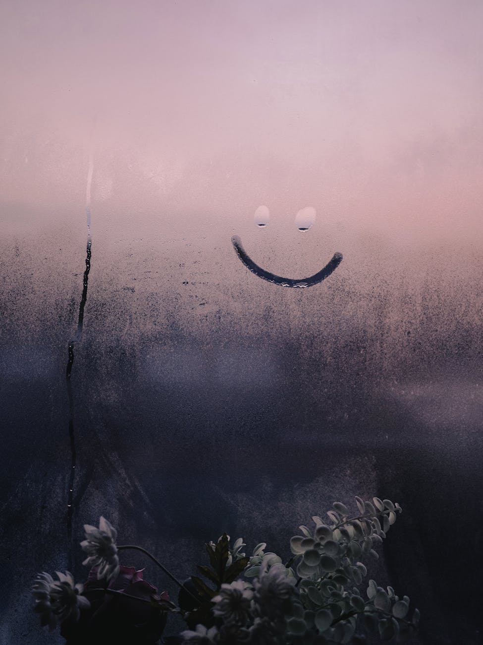 smiley face painted on a foggy window